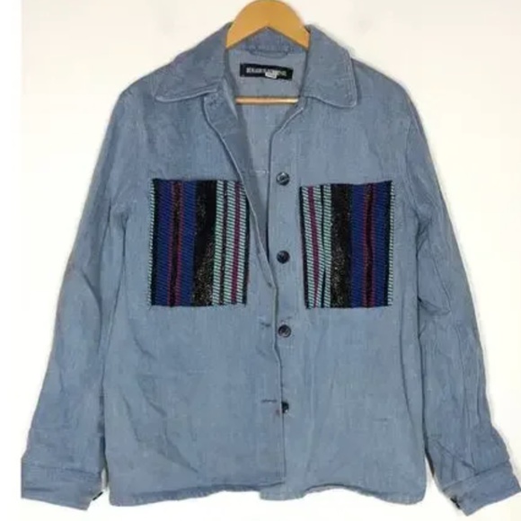 Benjamin Benmoyal Cassette Overshirt Striped Denim Oversized Shirt Jacket Top Bl - Picture 3 of 11